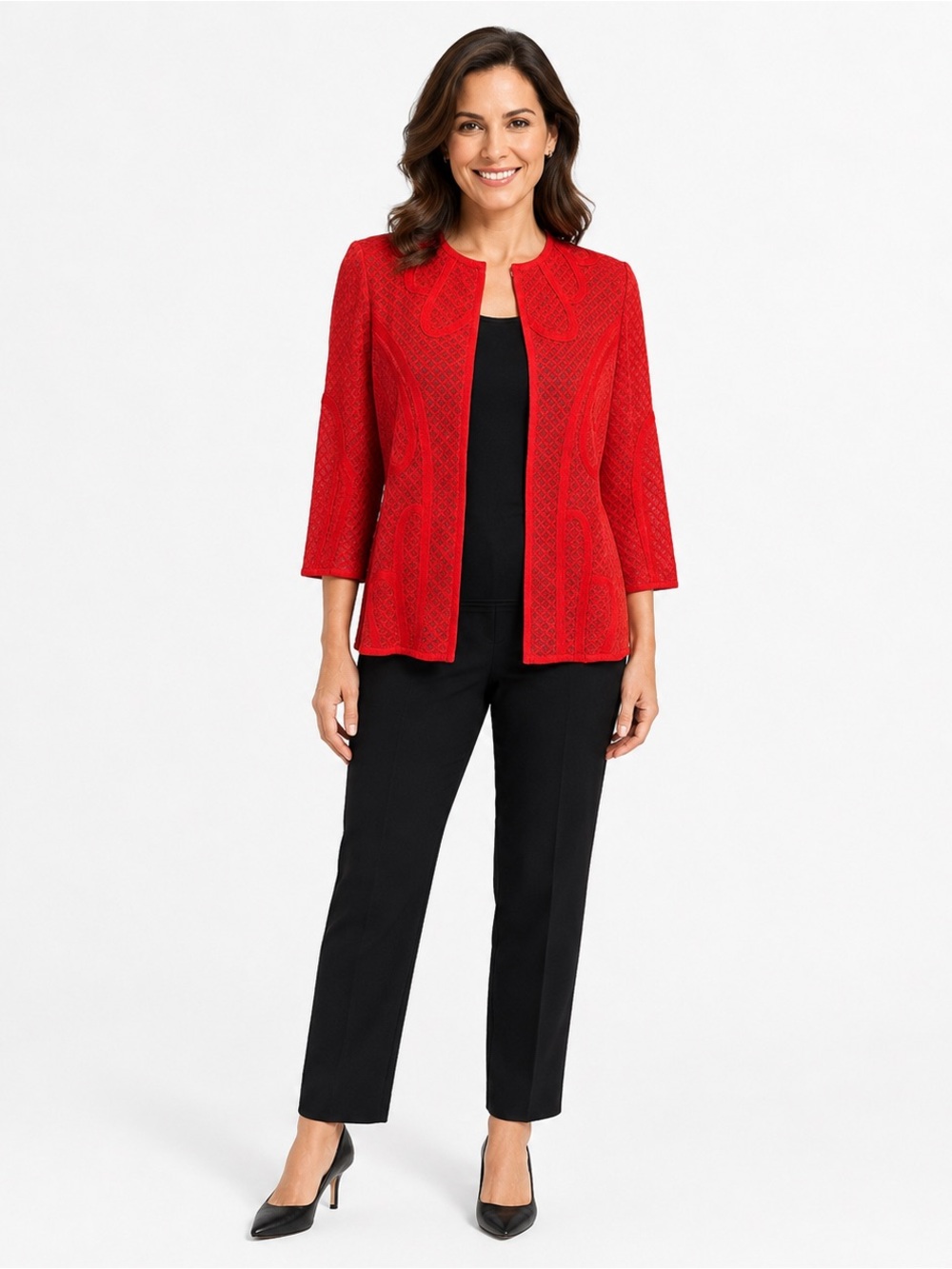 Ming Wang Red Textured Knit Cardigan Jacket Hook & Eye Blazer Small S